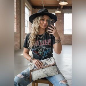 NWT Genuine Leather Hair On Hide Upcycled Clutch Aztec Wallet Small Bag